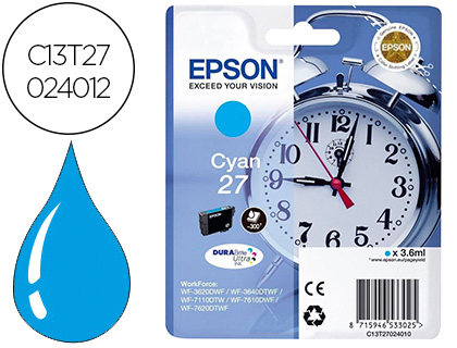 EPSON - cartucho inyección cián 3,6ml 300 páginas 27 WF-3620DWF/3640DTWF/7110DTW/76XXDWF (Ref.C13T27024012)