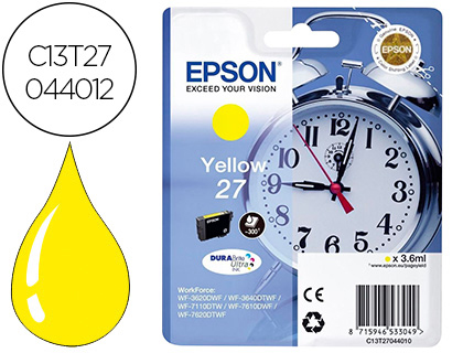 EPSON - cartucho inyección amarillo 3,6ml 300 págs 27 WF-3620DWF/3640DTWF/7110DTW/76XXDWF (Ref.C13T27044012)