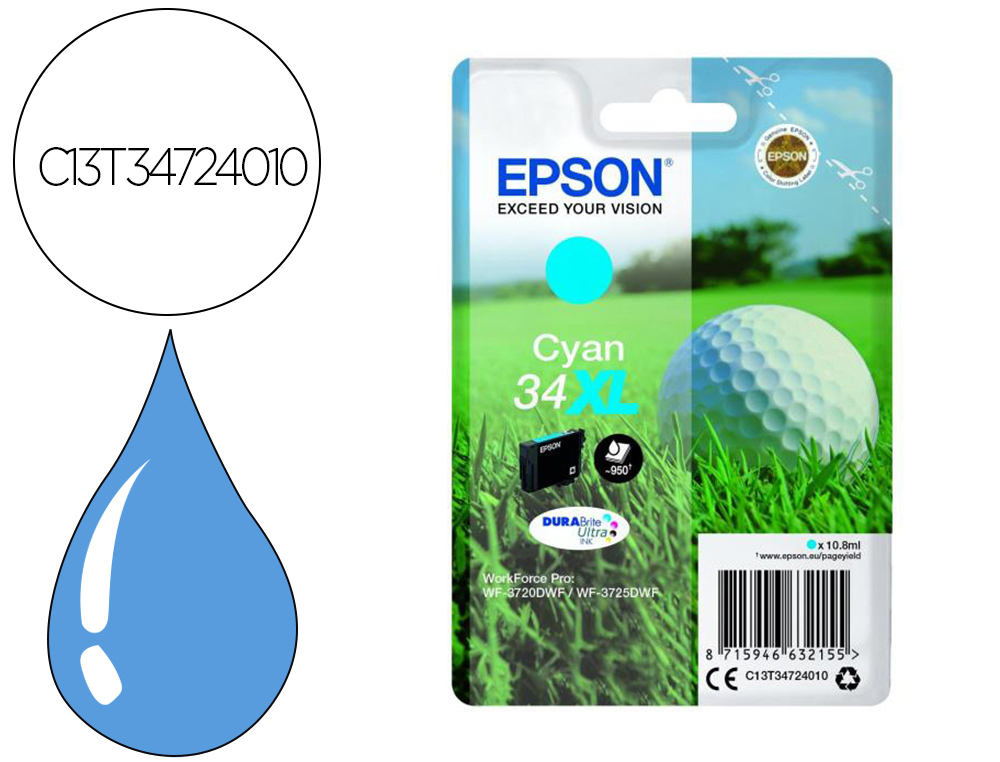 EPSON - CARTUCHO INKJET T347240 Nº34XL WORKFORCE PRO WF-3720/3720DWF/3725DWF CIAN 10,8ML (Ref.C13T34724010)
