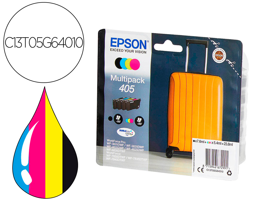 EPSON - Cartucho de inyección de tinta 405 wf-3820dwf / wf-4820dwf / wf-7830dtwf / wf-7840dtwf pack de 4 colores (Ref. C13T05G64010)