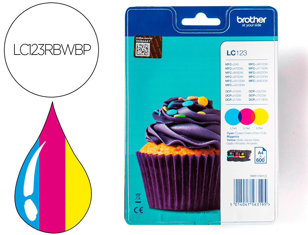 BROTHER - Ink-jet dcpj132w / dcpj4110dw / dcpj552dw / dcpj752dw / mfcj650dw / mfcj870dw tricolor alta (Ref. LC123RBWBP)