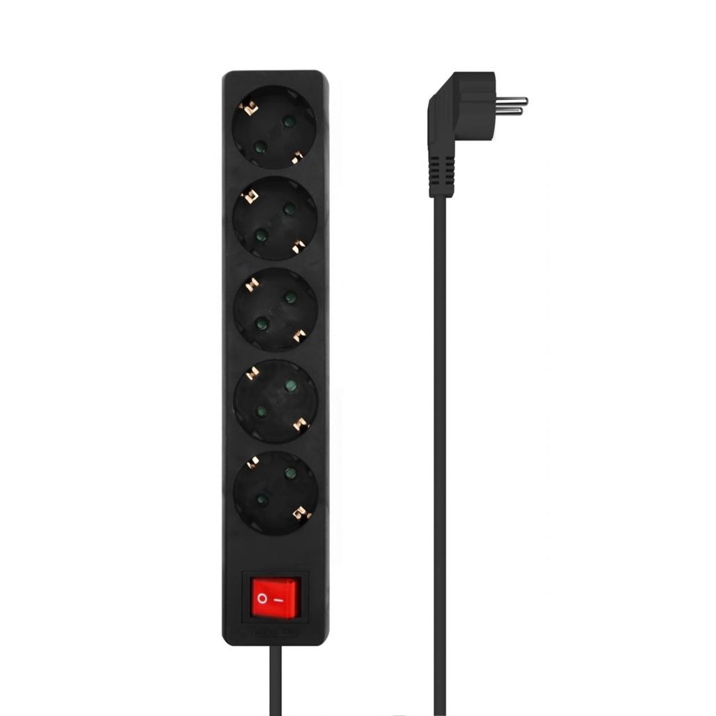 AISENS - BASE MULTIPLE 5 TOMAS CON INTERRUPTOR CON CABLE 3X1,5MM2, NEGRO, 1,4M (Ref.A154-0652)