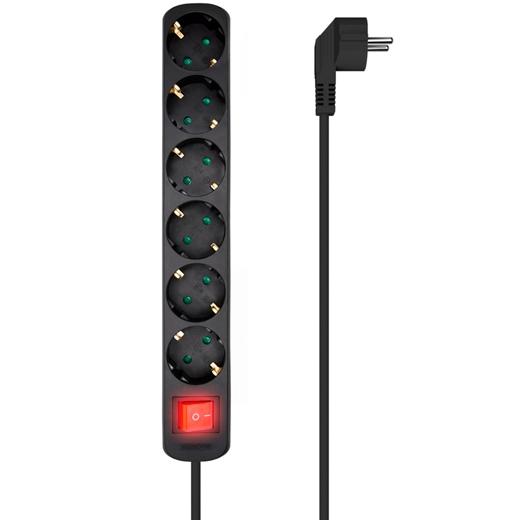 AISENS - Base multiple 6 tomas con interruptor con cable 3x1.5mm2, negro, 1.4m (Ref.A154-0536)
