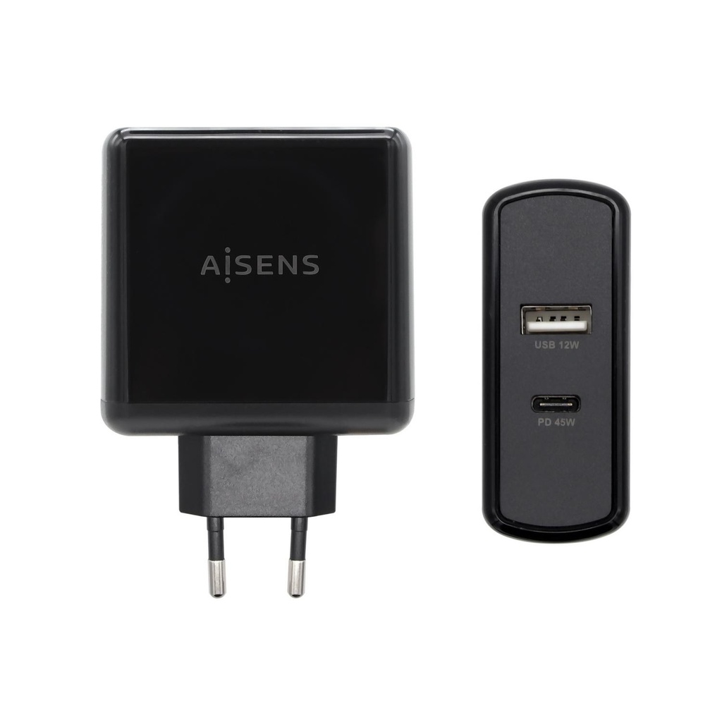 AISENS - CARGADOR 57W 1xUSB-C PD3.0 45W 1xUSB-A 5V/2.4A 12W NEGRO (Ref.ASCH-2PD45A-BK)
