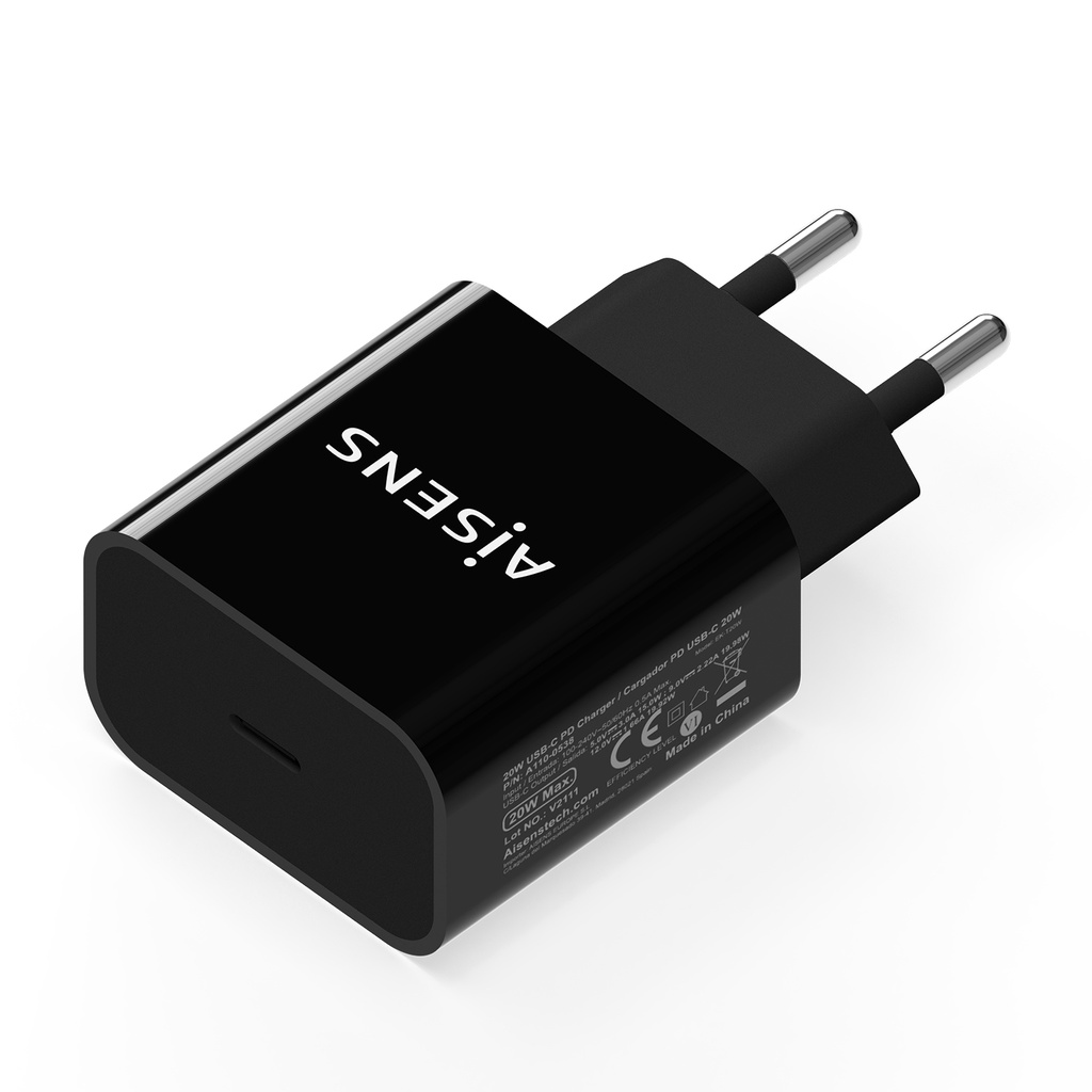 AISENS - Cargador USB-C PD 20W, 5V/3A 9V/2.2A 12V/1.66A, negro (Ref.A110-0538)