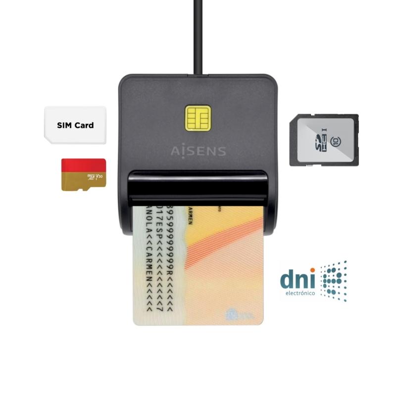 AISENS - LECTOR DE TARJETAS INTELIGENTE DNI CON LECTOR DE TARJETAS SIM, SD, MIROSD, MMC, RS-MMC, MMC MICRO NEGRO (Ref.ASCR-SN02SD-BK)