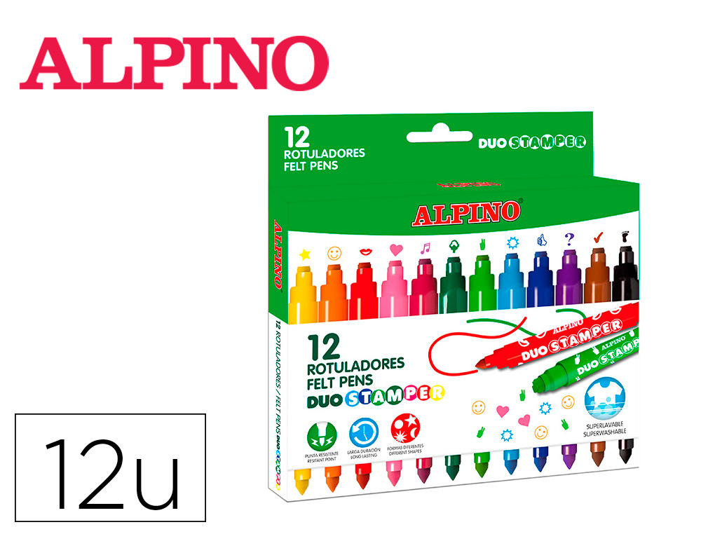ALPINO - ESTUCHE 12 ROTULADORES DUO STAMPER C/PUNTAS QUE ESTAMPAN DIBUJOS C/SURTIDOS (Ref.AR001059)