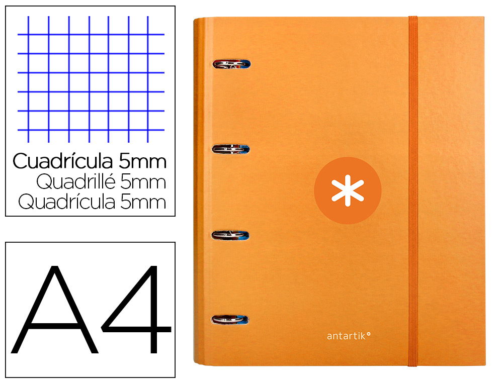 ANTARTIK - CARPETA CON RECAMBIO Y SOLAPA LIDERPAPEL A4 CUADRO 5 MM FORRADA 4 ANILLAS REDONDAS 40MM COLOR MOSTAZA (Ref.AW91)