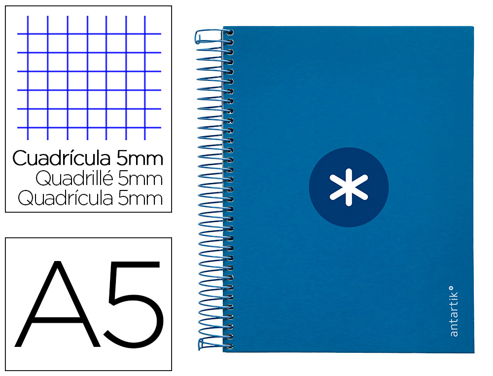 ANTARTIK - CUADERNO ESPIRAL LIDERPAPEL A5 MICRO TAPA FORRADA120H 100 GR CUADRO 5MM 5 BANDA6 TALADROS COLOR AZUL OSCURO (Ref.KH11)