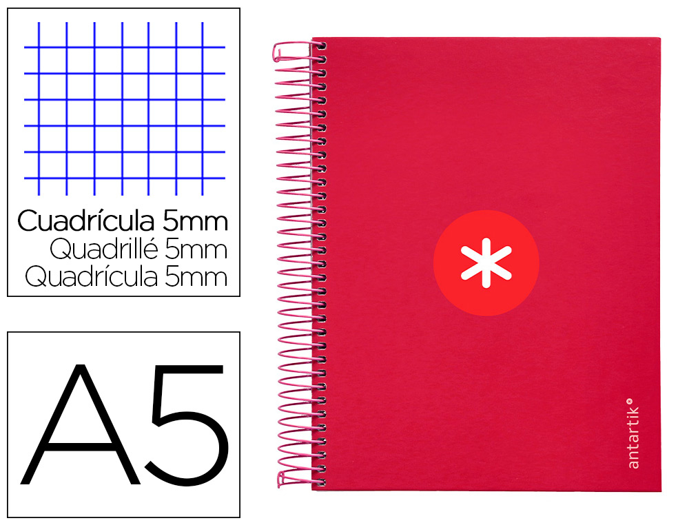 ANTARTIK - CUADERNO ESPIRAL LIDERPAPEL A5 MICRO TAPA FORRADA120H 100 GR CUADRO 5MM 5 BANDA6 TALADROS COLOR FRAMBUESA (Ref.KH12)