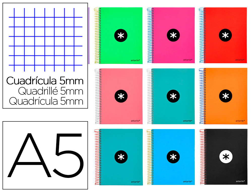 ANTARTIK - CUADERNO ESPIRAL LIDERPAPEL A5 MICRO TAPA FORRADA120H 100GR CUADRO 5MM 5 BANDAS6 TALADROS COLORES SURTIDOS (Ref.KD64)