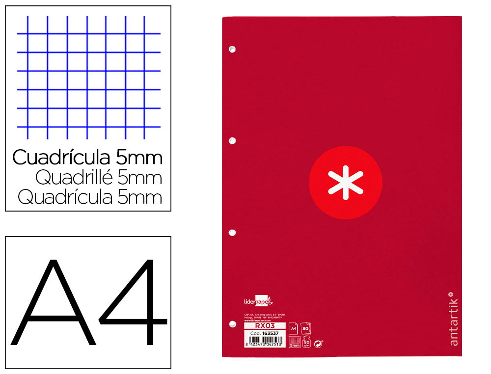 ANTARTIK - RECAMBIO LIDERPAPEL A4 80 HOJAS 90G/M2 CUADRO 5 MM 4 TALADROS 1 BANDA MARCO COLOR FRAMBUESA (Ref.RX03)