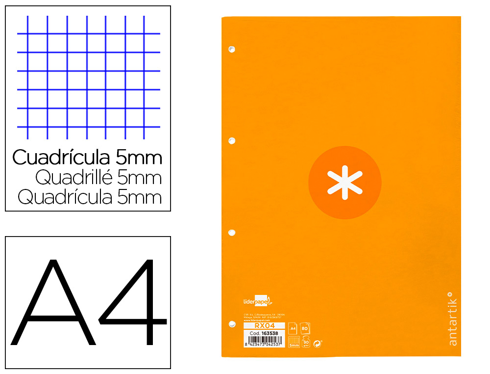 ANTARTIK - RECAMBIO LIDERPAPEL A4 80 HOJAS 90G/M2 CUADRO 5 MM 4 TALADROS 1 BANDA MARCO COLOR MOSTAZA (Ref.RX04)