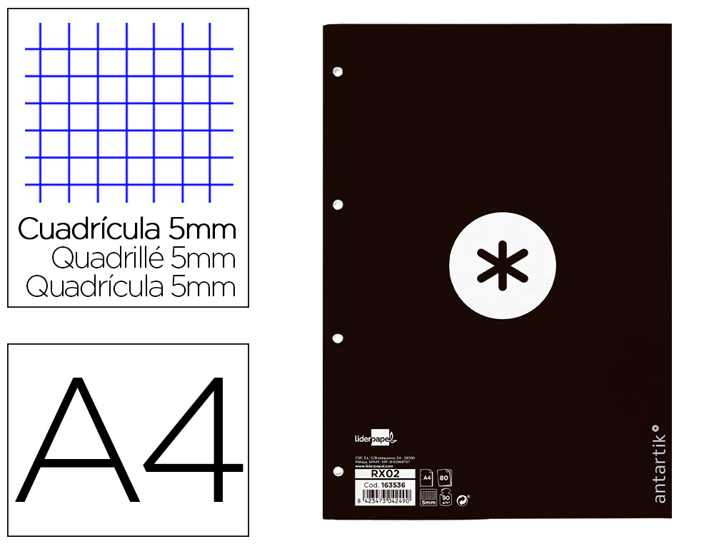 ANTARTIK - RECAMBIO LIDERPAPEL A4 80 HOJAS 90G/M2 CUADRO 5 MM 4 TALADROS 1 BANDA MARCO COLOR NEGRO (Ref.RX02)