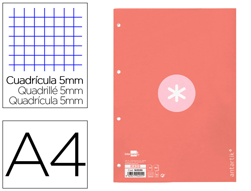 ANTARTIK - RECAMBIO LIDERPAPEL A4 80 HOJAS 90G/M2 CUADRO 5 MM 4 TALADROS 1 BANDA MARCO COLOR ROSA (Ref.RX05)