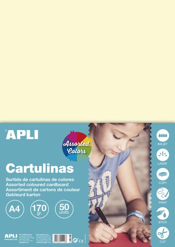 APLI - CARTULINA A4 170gr PAQUETE DE 50 HOJAS. COLORES PASTEL SURTIDOS (Ref.15116)
