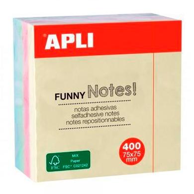 APLI - CUBO DE NOTAS ADHESIVAS FUNNY 75X75MM CUBO DE 400H COLORES SURTIDOS PASTEL (Ref.10972)