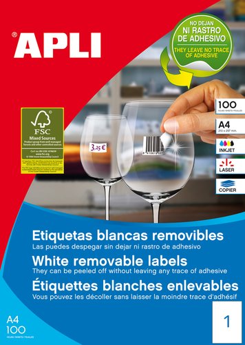 APLI - ETIQUETAS ADH.IMPR. A4 BLANCA C.RECTOS REMOVIBLE CAJA 100h 210x297 mm 100 uds.(0) (Ref.3060)