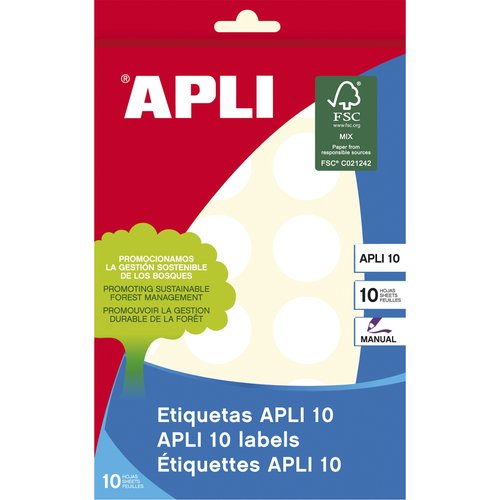APLI - ETIQUETAS ADH.MANUALES BOLSA BLANCAS 10h REDONDAS Ø 25 mm 240 uds.(0) (Ref.1629)