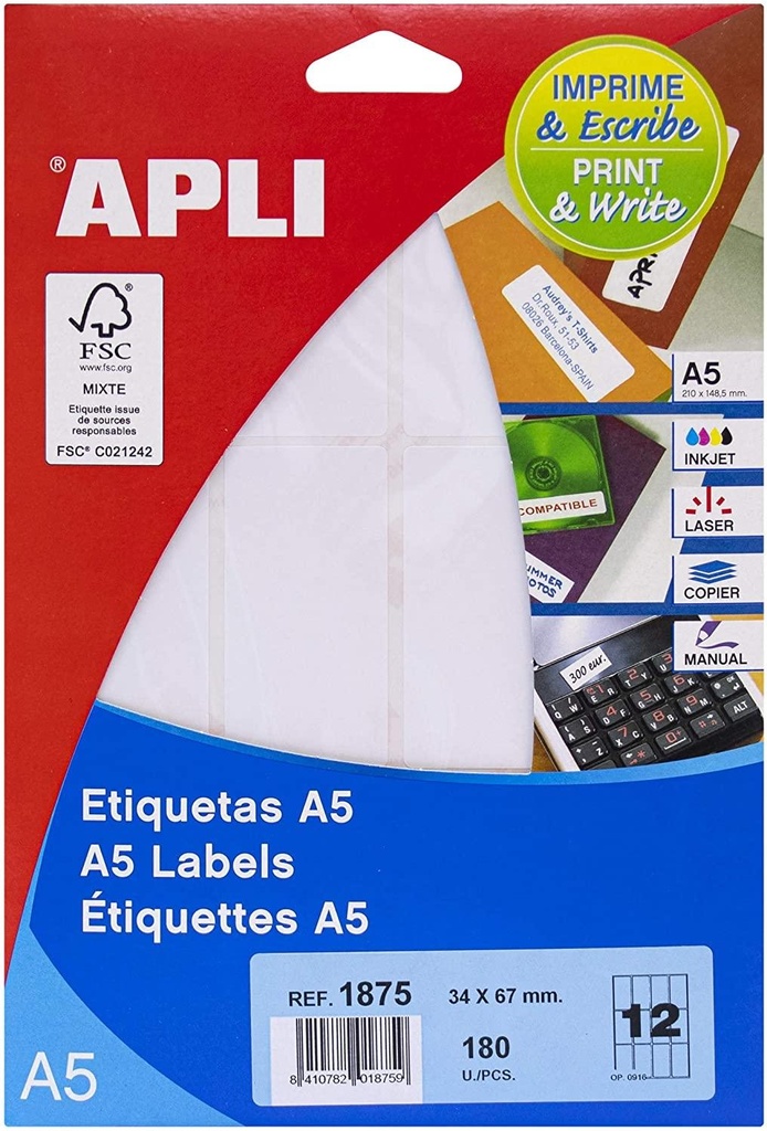 APLI - ETIQUETAS BLANCO 34 X 67 MM RECTANGULAR A5 15 HOJAS (Ref.1875)