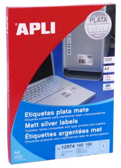 APLI - ETIQUETAS METALIZADAS 210,0 X 297,0 MM CANTOS RECTOS PLATA - 100 HOJAS- (Ref.12974)