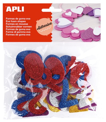 APLI - GOMA EVA FORMAS ADHESIVAS con PURPURINA NUMEROS COLOR BOLSA de 50 (Ref.13486)