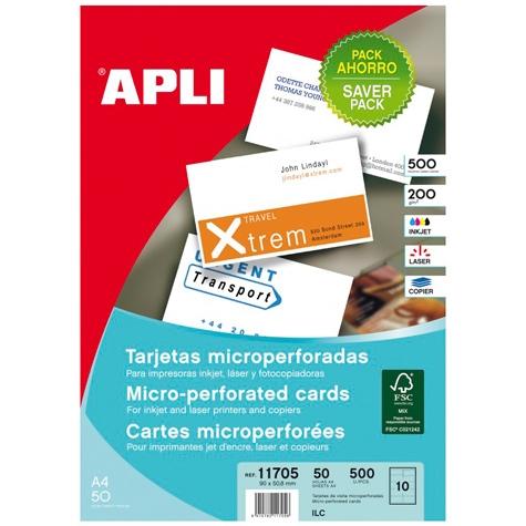 APLI - TARJETAS VISITA BLANCO PARA INKJET, LÁSER Y FOTOCOPIADORAS / 90 X 50,8MM / MICROPERFORADO ACABADO MATE 200GR 50 HOJAS (Ref.11705)