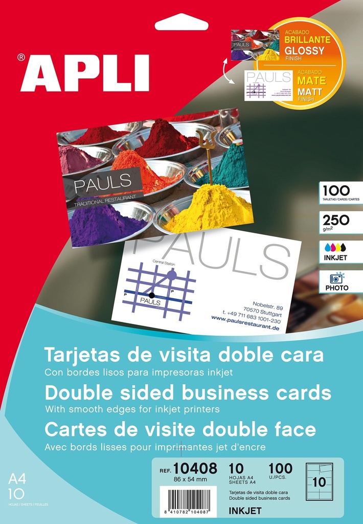 APLI - TARJETAS VISITA DOBLE CARA BLANCO PARA INKJET, LÁSER Y FOTOCOPIADORAS / 210 X 297MM / MICROPERFORADO 250GR 10 HOJAS (Ref.10408)