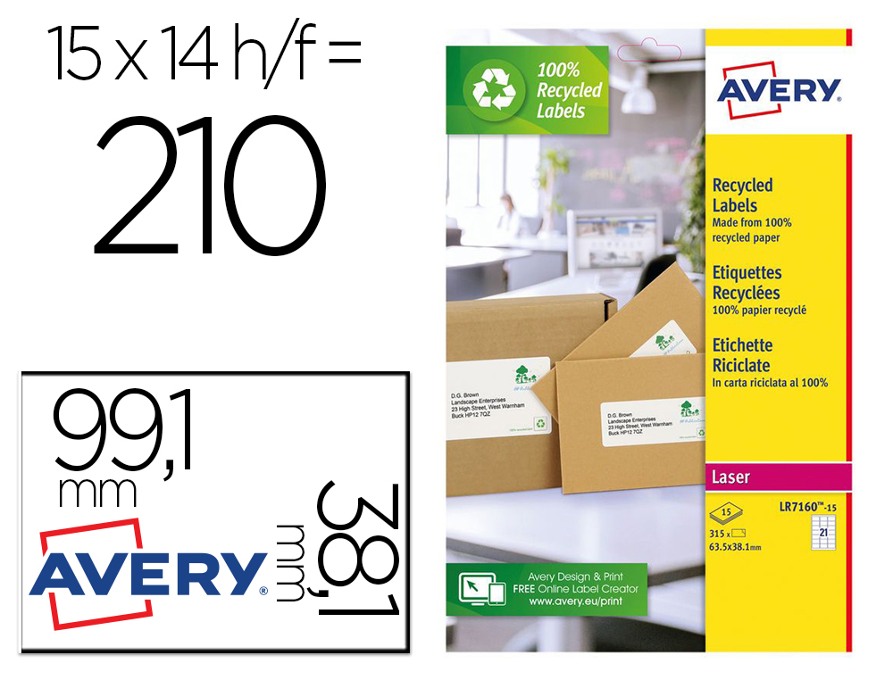 AVERY - ETIQUETA ADHESIVA BLANCA PERMANENTE RECICLADA 100% PARA IMPRESORA LASER 99,1X38,1 MM CAJA DE 210 (Ref.LR7163-15)
