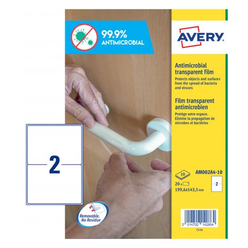 AVERY - ETIQUETAS ADH. A4 POLYESTER ANTIBACTERIANA Y ANTIMICROBIANA REMOVIBLE CAJA 10h 199,6x143,5 mm 20 uds.() (Ref.AM002A4)
