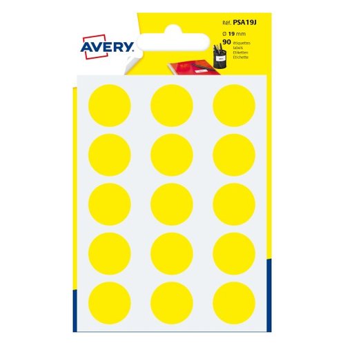 AVERY - PAQUETE 6 HOJAS ETIQUETAS REDONDAS GOMETS AMARILLAS 19 MM DIAMETRO (Ref.PSA19J)