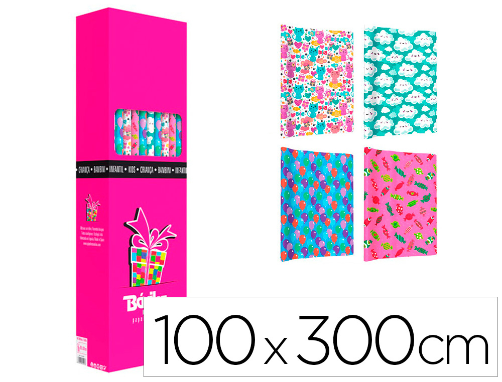 BASIKA - PAPEL DE REGALO INFANTIL ROLLO DE 100 X 300 CM MODELOS SURTIDOS (Ref.1040004)