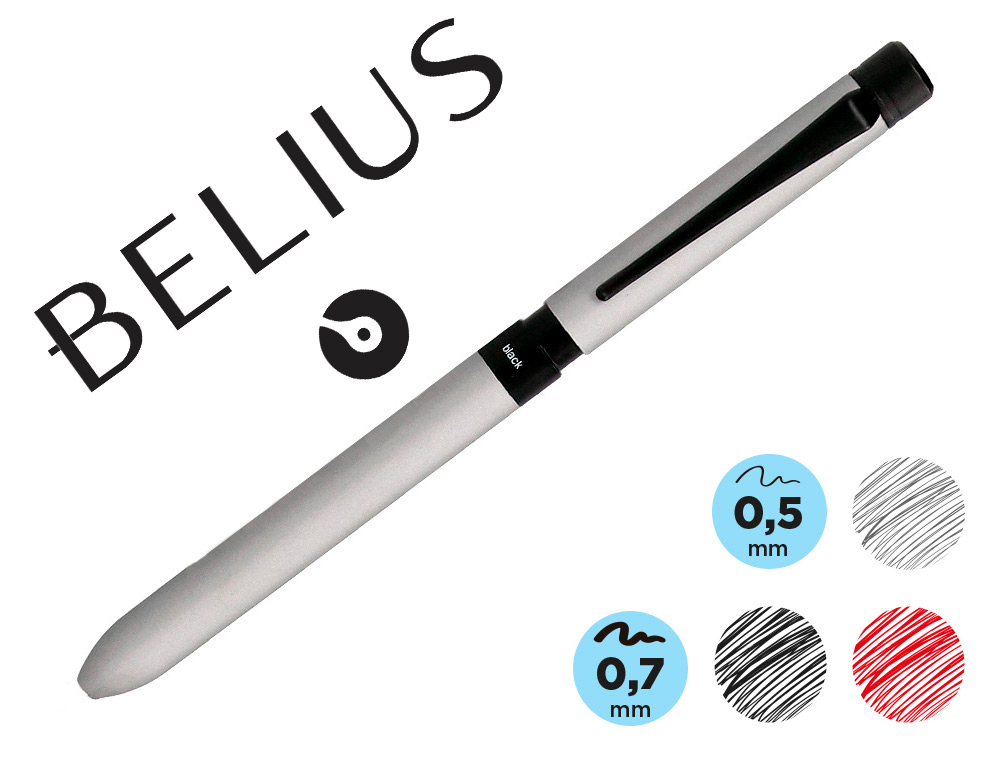 BELIUS - BOLIGRAFO ZURICH 3 EN 1 CUERPO PLATEADO TINTA NEGRA Y ROJA PORTAMINAS 0,5 MM EN ESTUCHE (Ref.BB185)