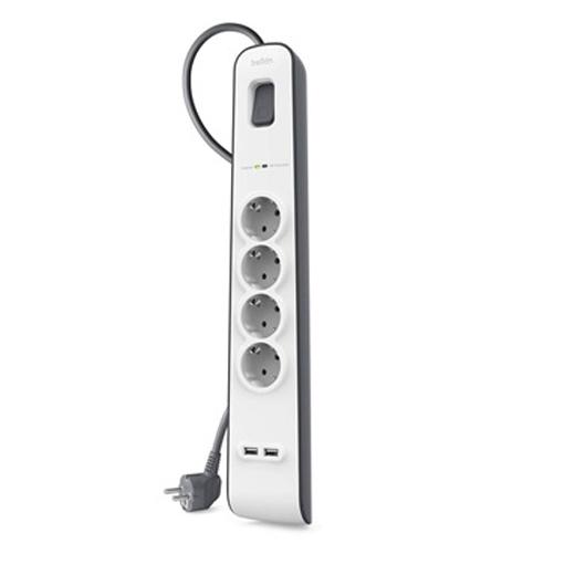 BELKIN - REGLETA PROTECCION SOBRETENSION 4 TOMAS + 2 PUERTOS USB BOTON APAGADO Y ENCENDIDO COLOR (Ref.BSV401VF2M)