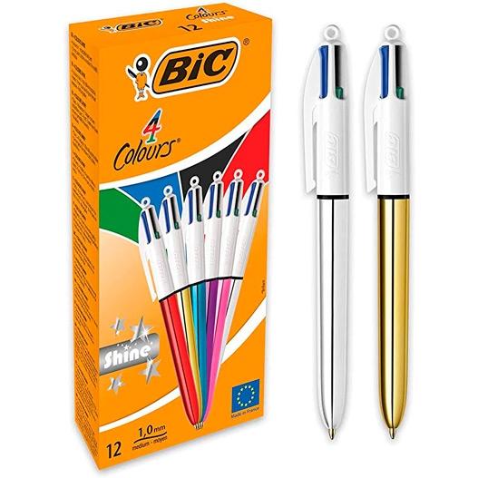 BIC - BOLÍGRAFO SHINE SILVER TINTA 4 COLORES CUERPO BLANCO/SURTIDO METÁLICO CAJA -12U- (Ref.964775)