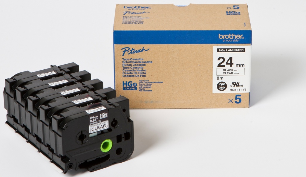 BROTHER - Cinta Alta Calidad 8m Transparente/Negro (Pack 5Ud) 24mm (Ref.HGe151V5)