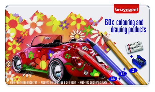 BRUYNZEEL - LAPICES de COLORES estuche de METAL de 60 (12 lapices metalizados + goma + Sacapuntas/Afilalapices) (Ref.60312904)