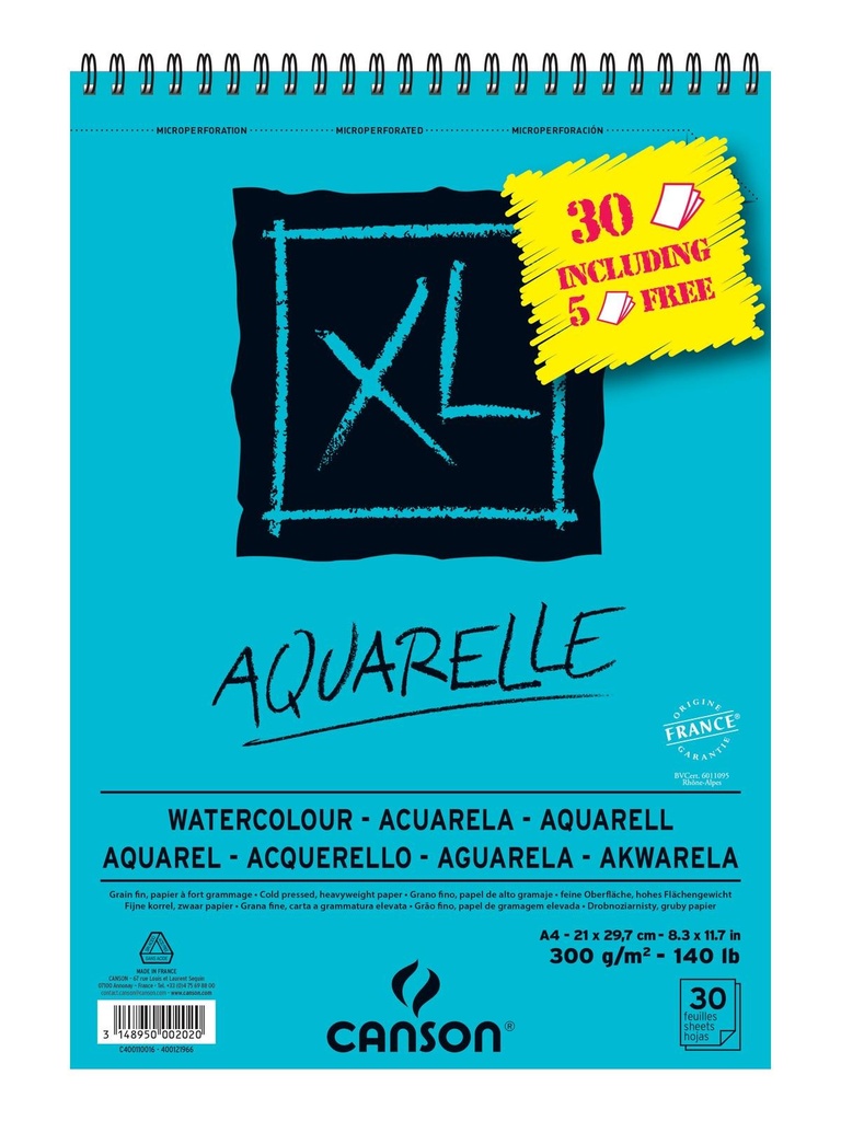 CANSON - BLOC ACUARELA AQUARELLE FINO XL ESPIRAL 25 + 5(GRATIS) HOJAS 300GR 21X29,7CM -5U- (Ref.C400110016)