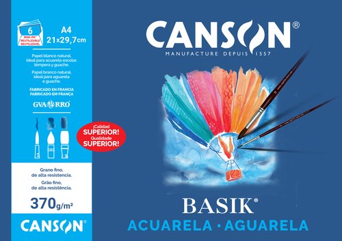 CANSON - LAMINA GUARRO- ACUARELA y TEMPERA BASIK 370g MINI-PACK de 6 A4 (Ref.C200006416)