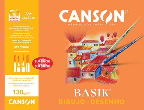 CANSON - LAMINA GUARRO- DIBUJO BASIK 130g MINI-PACK de 10 A4+ LISA (Ref.C200406345)
