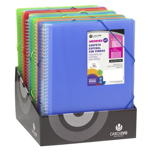 CARCHIVO - CARPETA FUNDAS (TARIFARIO) ARCHIVEX-STAR ESPIRAL PP A4 con GOMA EXPOSITOR de 15
4x 20 FUNDAS
5x 30 FUNDAS
3x 40 FUNDAS
2x 50 FUNDAS
1x 60 FUNDAS (Ref.53028800)