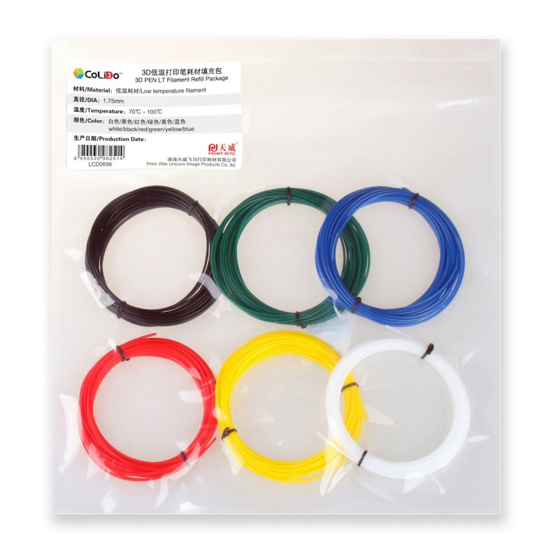 COLIDO - FILAMENTO 3D PEN LT PLA 1,75 MM PACK COLORES SURTIDOS AMARILLO AZUL BLANCO NEGRO ROJO VERDE (Ref.COL3D-LCD0696)
