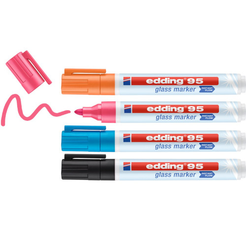 EDDING - 95 Glass marcador 4 pieza(s) Punta redonda Negro, Azul, Naranja, Rosa (Ref.95-999)