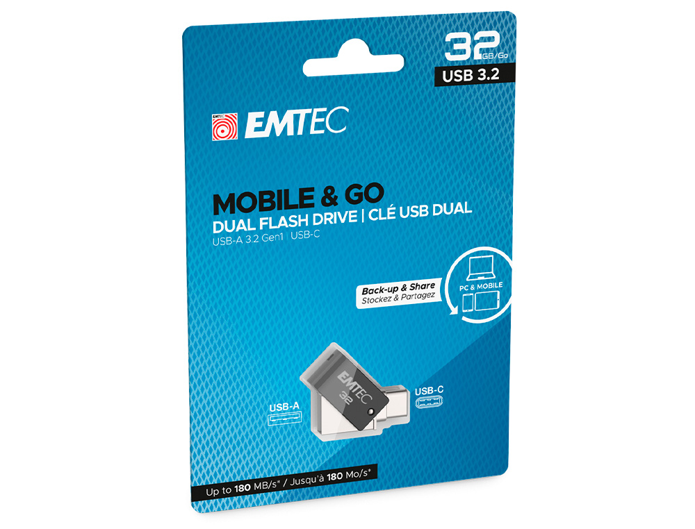 EMTEC - MEMORIA USB 3.2 DUAL MOBILE & GO TYPE-C /USB 32 GB (Canon L.P.I. 0,24€ Incluido) (Ref. E173577)
