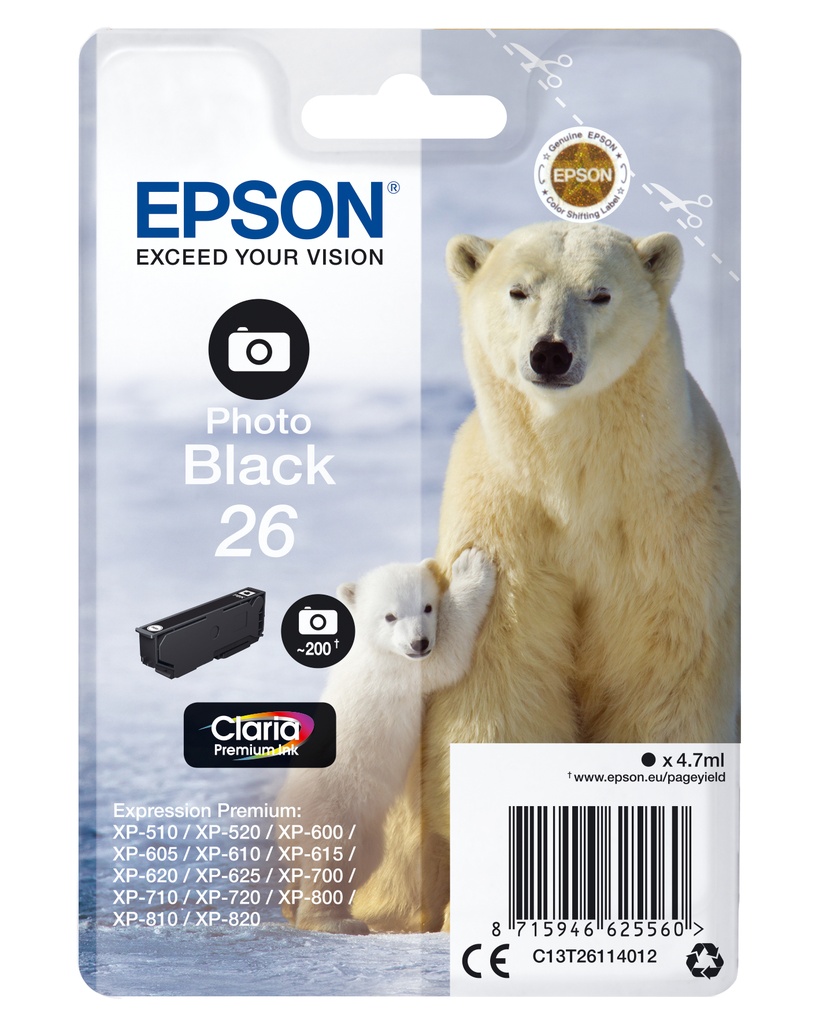EPSON - Claria Premium Cartucho foto negro 26 (Blister + Alarma acustico/Radiofrecuencia) (Ref.C13T26114022)