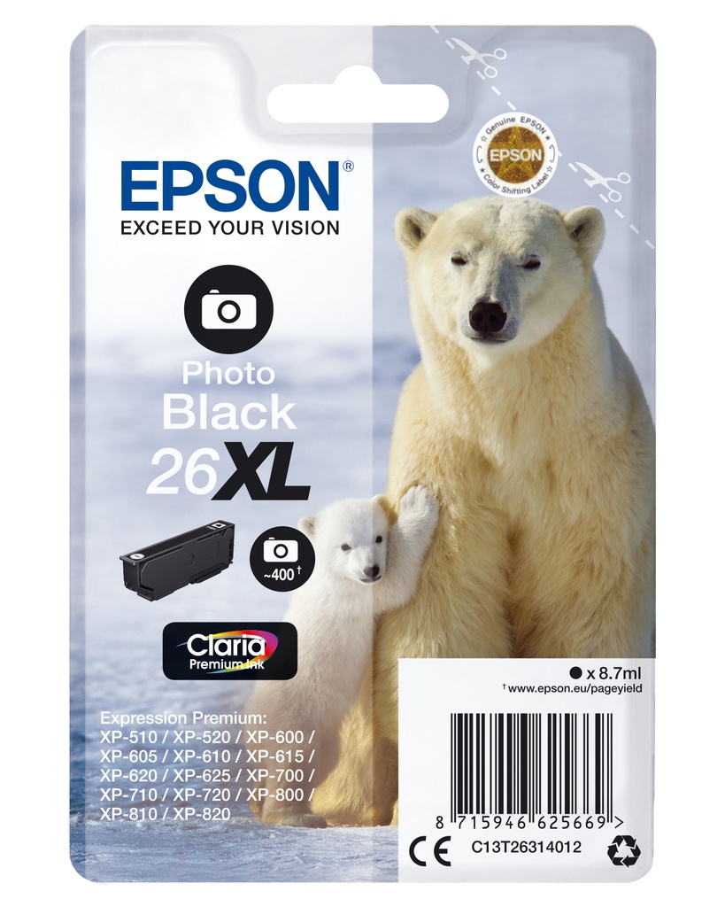 EPSON - Claria Premium Cartucho foto Negro 26XL Alta(Blister + Alarma acustico/Radiofrecuencia) (Ref.C13T26314022)