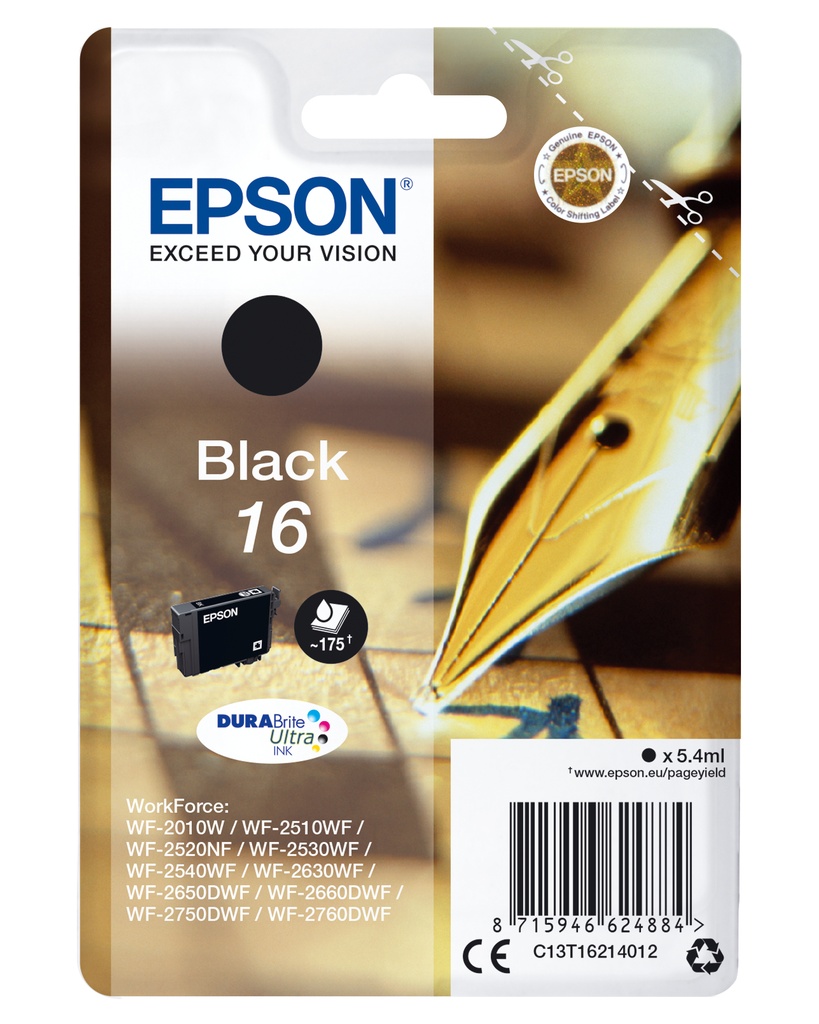 EPSON - DURABrite Ultra Ink Cartucho Negro 16 (Blister+ Alarma acustico/Radiofrecuencia) (Ref.C13T16214022)