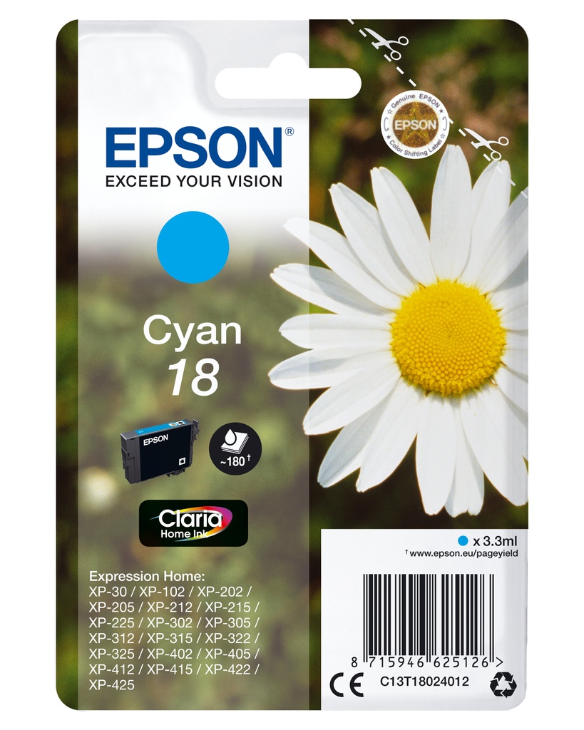 EPSON - Expression Home XP-102/205/305/405 Cartucho Cian (Radiofrecuencia) (Ref.C13T18024022)