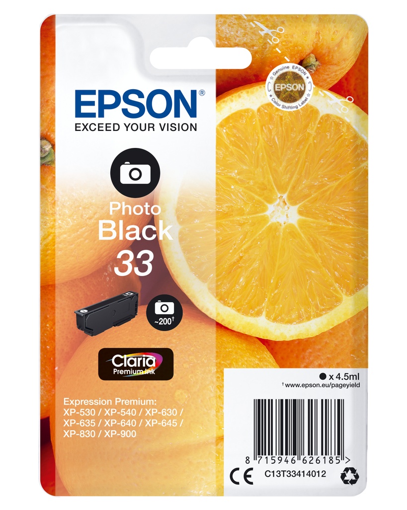 EPSON - Expression Home XP-530/XP630/XP635/XP830 Cartucho Negro Foto Nº33 RF+AM (Ref.C13T33414022)
