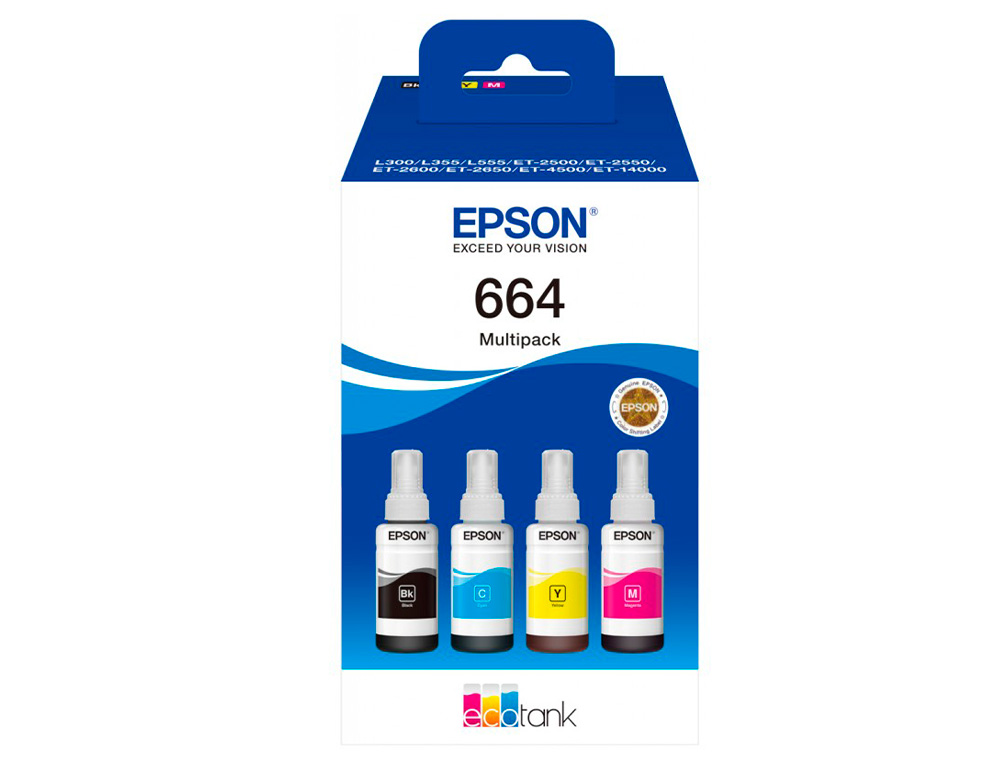 EPSON - INK- /664 4 CLR MULTIPACK (BK / C / M / Y) ECOTANK L300 / L355 / L555 / ET-2500 / ET-2550 / ET-2600 / (Ref.C13T664640)